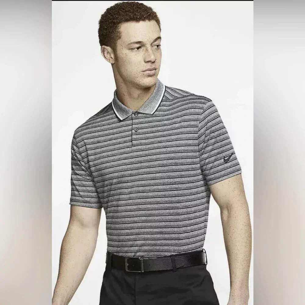 Men's Nike Golf Polo DRI-FIT Vapor Black Gray Striped Size Large